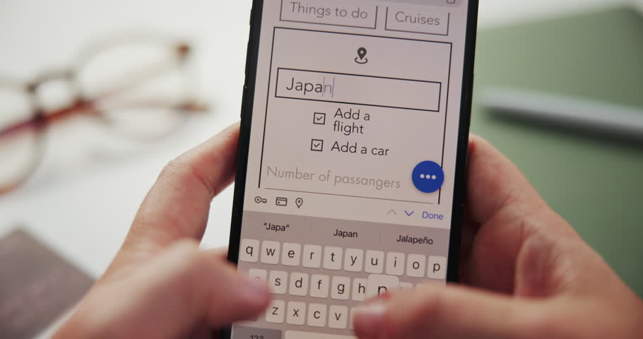 Hands, phone screen and booking flight for travel with information, location and search for discount. Person, smartphone and user experience for international trip with sale on app for plane ticket