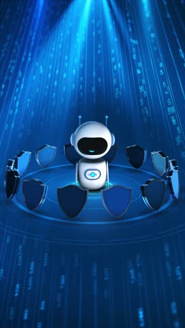 AI Security Bot with Digital Shields AI-powered security bot digital shields, defense of data online threats. artificial intelligence at the core of cybersecurity solutions. automated. 3D Illustration