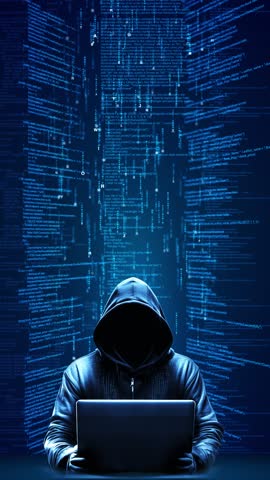 Hacker with Laptop and Digital World matrix of glowing data streams and a digital world map. hacking, cybersecurity threats, digital privacy risks. digital security threats, online. 3D Illustration