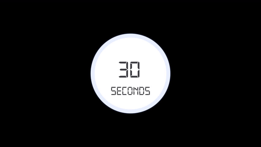 30 seconds countdown timer on transparent background, countdown timer from 30 to 0 with alpha channel.	