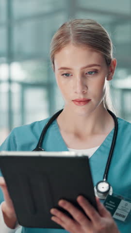 Tablet, nurse and face with woman in hospital for patient records, medical history and gynecology notes. Telehealth report, insurance and ultrasound results with person in clinic for healthcare app
