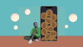 Motion creative art collage video of happy girl miner bitcoin income phone - Powered by Shutterstock - Get 15% off with code: PIKWIZARD15