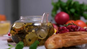 mint lemon tea with cherry Teapot with fruit tea and ingredients for cooking on the table - Powered by Shutterstock - Get 15% off with code: PIKWIZARD15