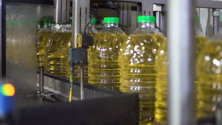 Sunflower oil in the bottle moving on production line. Shallow dof