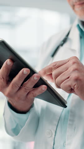Tablet, doctor and hands with man in hospital for diagnosis report, online medical journal and reading. Telehealth, healthcare and treatment plan with closeup of person in clinic for insurance app