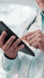 Tablet, doctor and hands with man in hospital for diagnosis report, online medical journal and reading. Telehealth, healthcare and treatment plan with closeup of person in clinic for insurance app - Powered by Shutterstock - Get 15% off with code: PIKWIZARD15