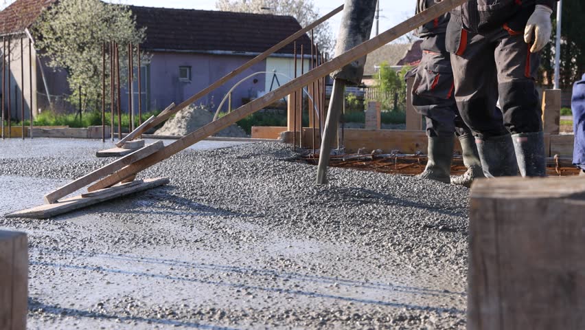 Construction workers with concrete boom pump crane at construction site pouring concrete into a formwork with reinforcement for building a new house