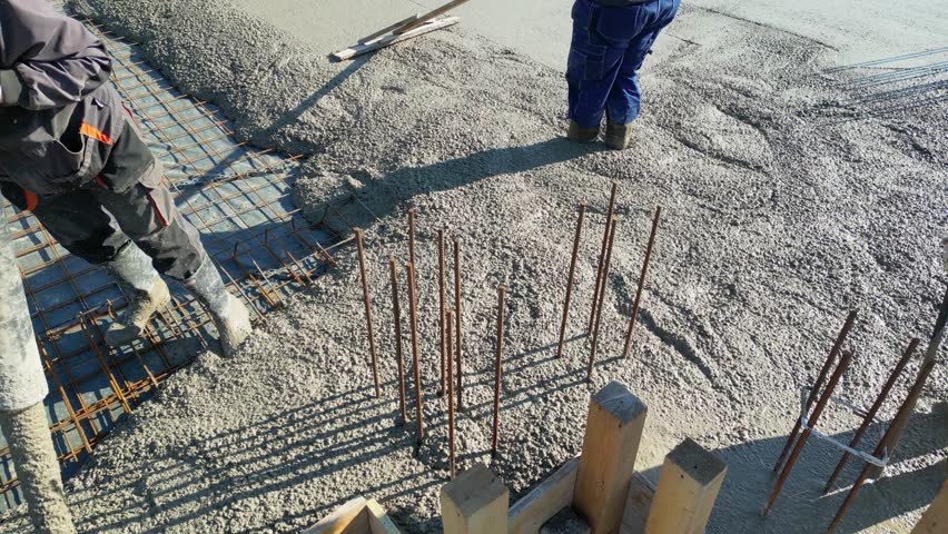 Construction workers with concrete boom pump crane at construction site pouring concrete into a formwork with reinforcement for building a new house