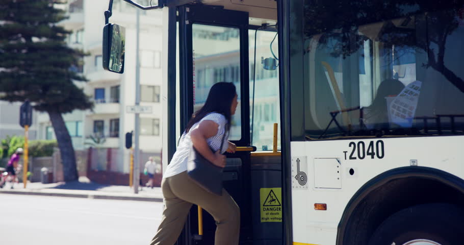 Late, bus and mother with girl, running and stress in city, public transportation and work. Family, outdoor or mom in street with child, commute to school or urban journey with anxiety or frustrated