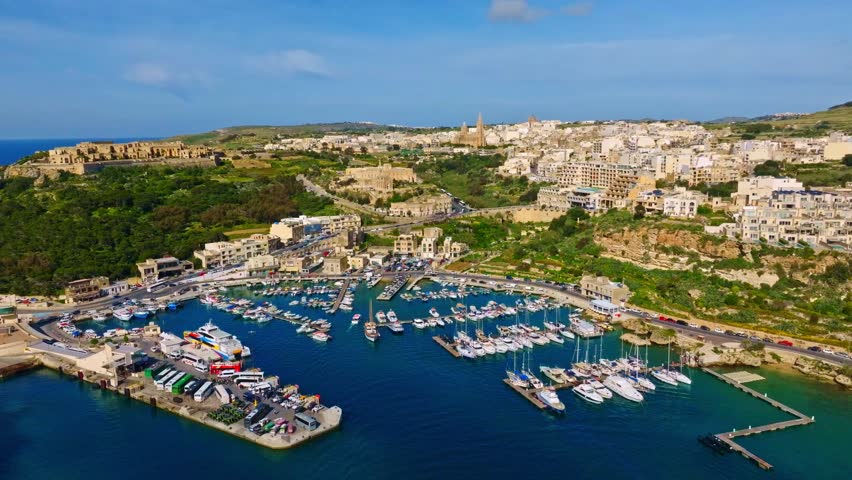Drone view of ferry Gozo terminal, port in Gozo island, Mgarr. Malta island