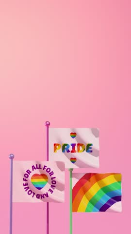 Happy Pride looping video for social media with three flags waving on a pink background representing LGBTQIA+ Pride month and love diversity celebration in 3D animation