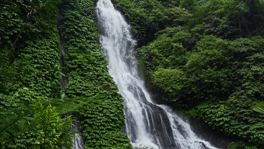 Beautiful view of Banyumala Waterfalls, located in Munduk village, Buleleng Regency, Bali. Surrounded by green trees. Low angle shot, Still shot, Real Time 4K Footage