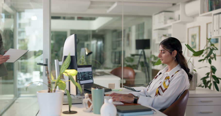 People, document and computer in office with discussion, project feedback and explain report. Startup team, tech and meeting in eco company with business proposal for sustainable development goals