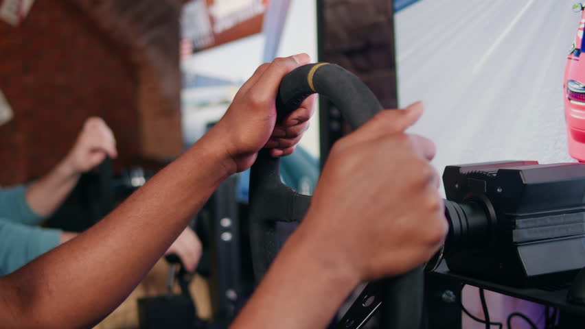 Gamers are playing racing games on a car simulator with a steering wheel background, race drive simulator driving school classes. 