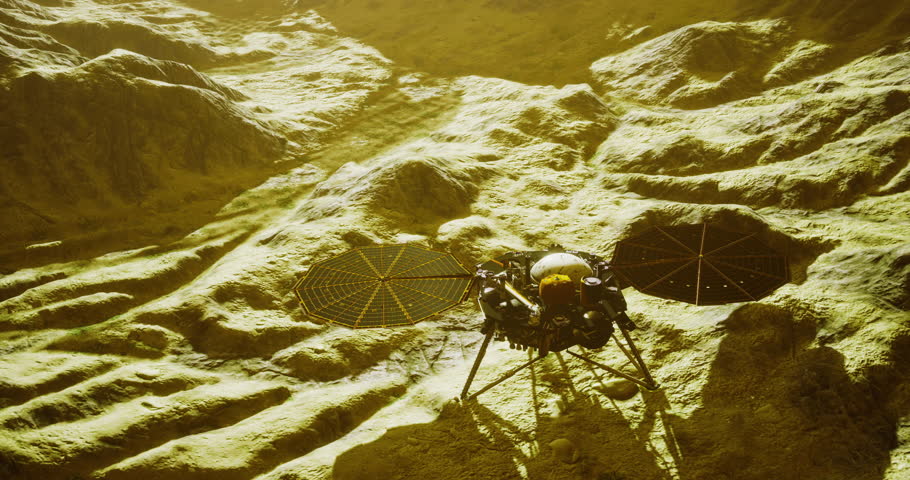 A robotic lander investigates the rocky terrain of a distant planet, analyzing surface features and gathering data. This mission aims to enhance our understanding of planetary formation.