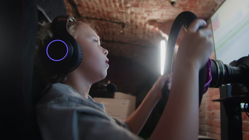Gamers are playing racing games on a car simulator with a steering wheel background, race drive simulator driving school classes. 