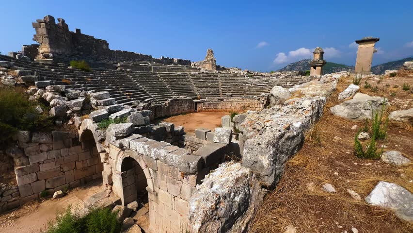 The center of culture and trade of Lycians, Persians, Greeks and Romans.Ruins of an ancient Lycian city on the banks of the Xanthos River.An open-air museum.Ancient Lycia. UNESCO.Turkey, 4k
