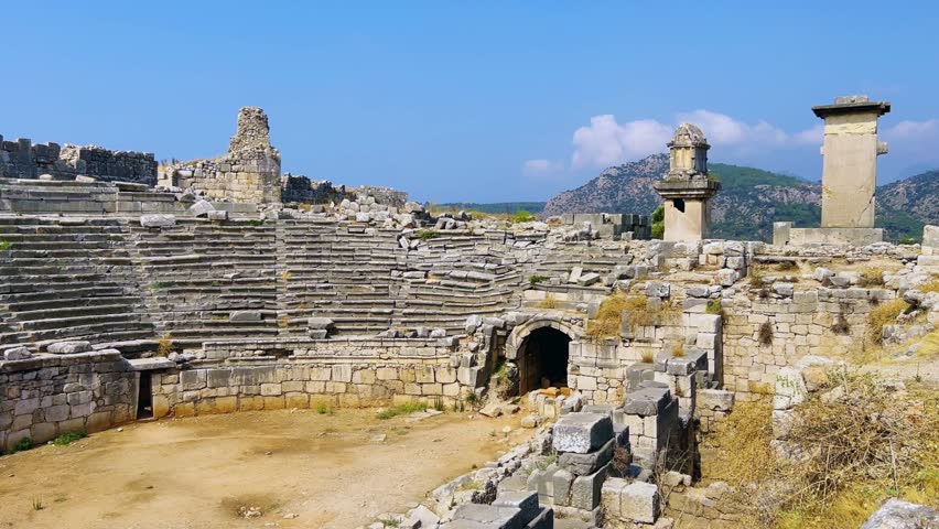 The center of culture and trade of Lycians, Persians, Greeks and Romans.Ruins of an ancient Lycian city on the banks of the Xanthos River.An open-air museum.Ancient Lycia. UNESCO.Turkey, 4k