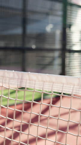 Arena, sports and fitness with net on tennis court for competition, challenge match and training ground. Tournament, equipment and game with closeup in padel turf, pitch in club and outdoor practice