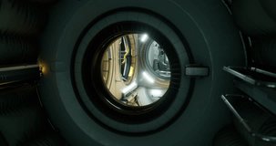 A circular view into the interior of a spacecraft module reveals organized equipment and glowing lights. The setting is in low Earth orbit, showcasing advanced technology and structure. - Powered by Shutterstock - Get 15% off with code: PIKWIZARD15