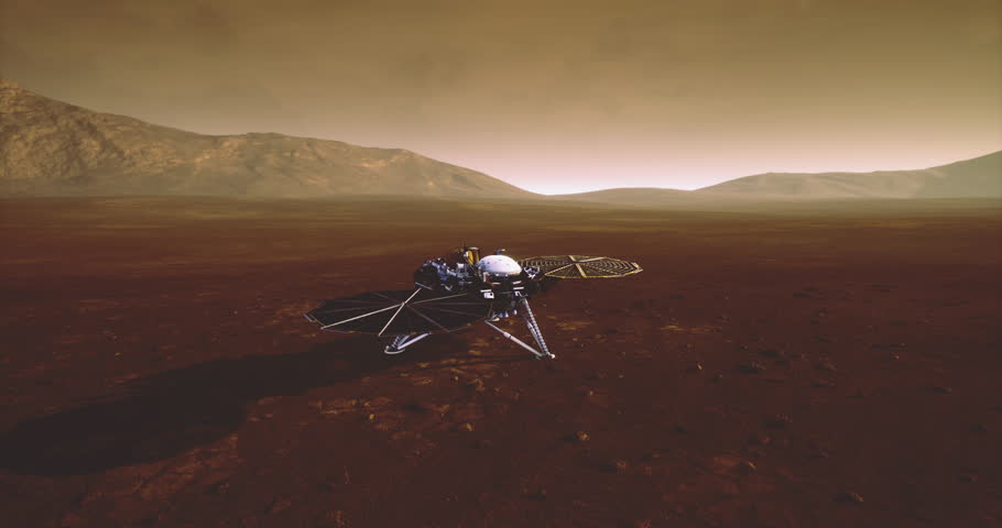 On the surface of Mars, the InSight lander conducts scientific investigations of the planets geology and seismic activity while capturing data for future exploration.