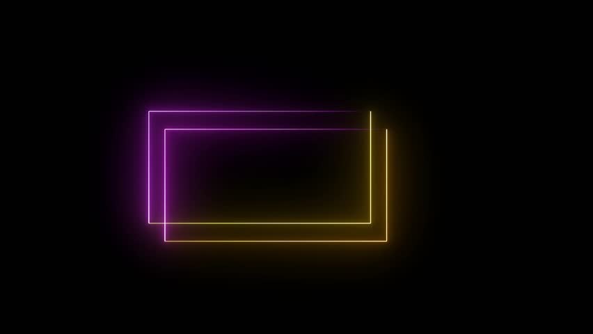 Glowing neon yellow, pink color rectangle animation. Square rectangle picture frame with two tone neon color motion graphic on isolated black background.