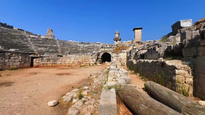 The center of culture and trade of Lycians, Persians, Greeks and Romans.Ruins of an ancient Lycian city on the banks of the Xanthos River.An open-air museum.Ancient Lycia. UNESCO.Turkey, 4k