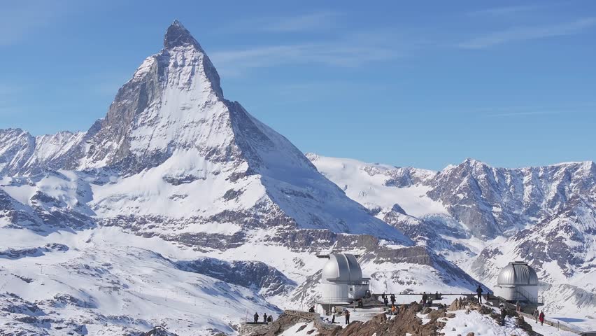 Aerial view of Zermatt ski resort featuring the Matterhorn peak, Gornergrat observatory, and snow covered alpine landscape with skiers in motion.