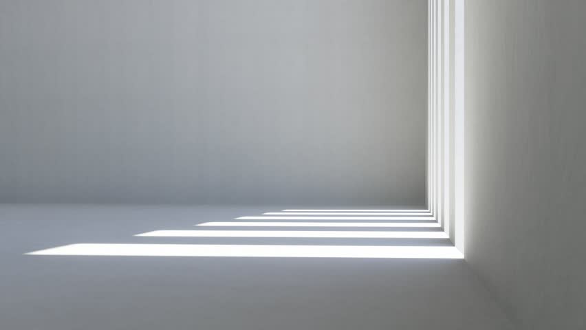 A series of angles and lines is created by light that streams through a beautifully minimalistic space within. 3D animation. 3D Illustration