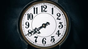 Timelapse shows vintage analog clock with ornate black hands sweeping over white dial and Arabic numerals against dark backdrop. Time lapse. - Powered by Shutterstock - Get 15% off with code: PIKWIZARD15