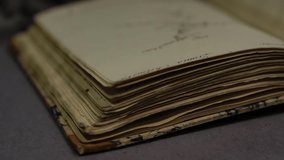 An ancient book lies open on a table. Archivist wearing gloves carefully flips through yellowed pages. Ideal footage for themes of preservation, culture, and historical documentation - Powered by Shutterstock - Get 15% off with code: PIKWIZARD15