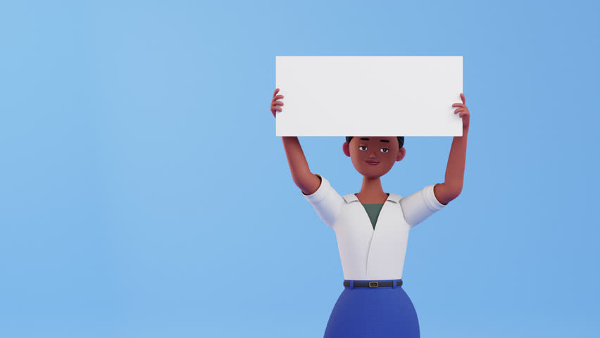 A woman holding a blank banner. Copy space for text. 3D render character animation. Template for business concepts, promotions, advertisements, announcements. Motion graphics, plain background