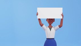 A woman holding a blank banner. Copy space for text. 3D render character animation. Template for business concepts, promotions, advertisements, announcements. Motion graphics, plain background - Powered by Shutterstock - Get 15% off with code: PIKWIZARD15