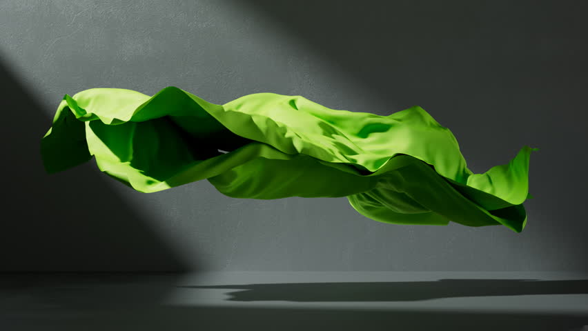 3D animation, motion design. Abstract animated background. Waving green cloth inside the empty room with concrete walls. Silk sheet swaying in turbulent air currents, twisting and floating