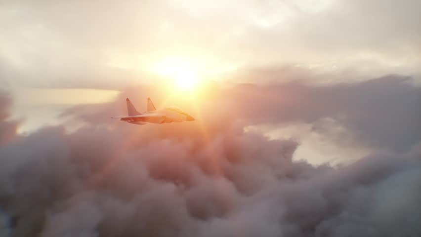 Russian military fighter jet flying over clouds. Air force.