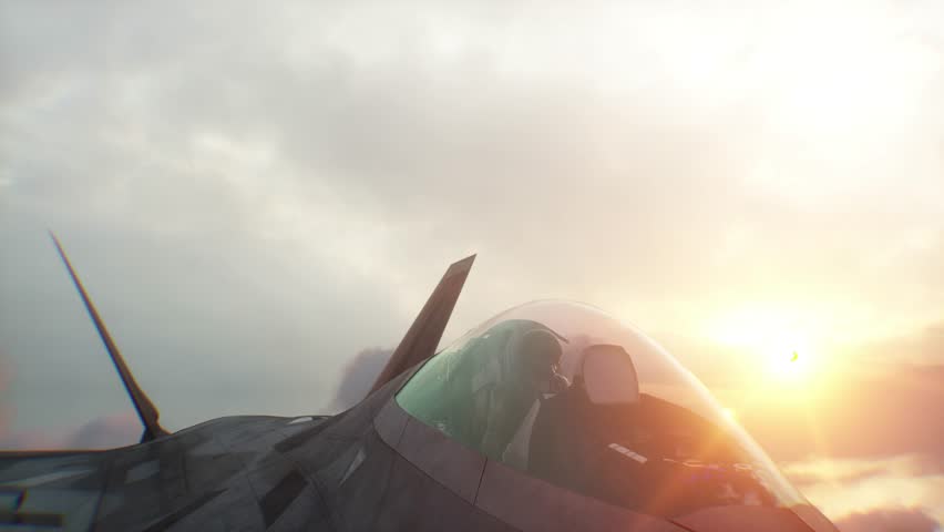 Military fighter jet flying over clouds. Air force.
