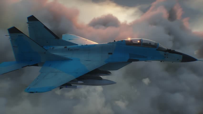 Russian military fighter jet flying over clouds. Air force.