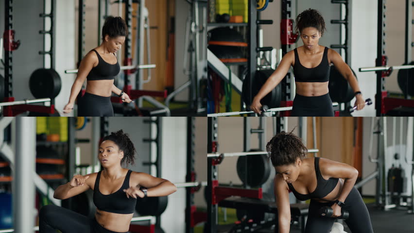 A collection of fitness activities showcases a woman in a gym. She performs weightlifting, running, and focused exercises, highlighting dedication to health and fitness during training sessions.