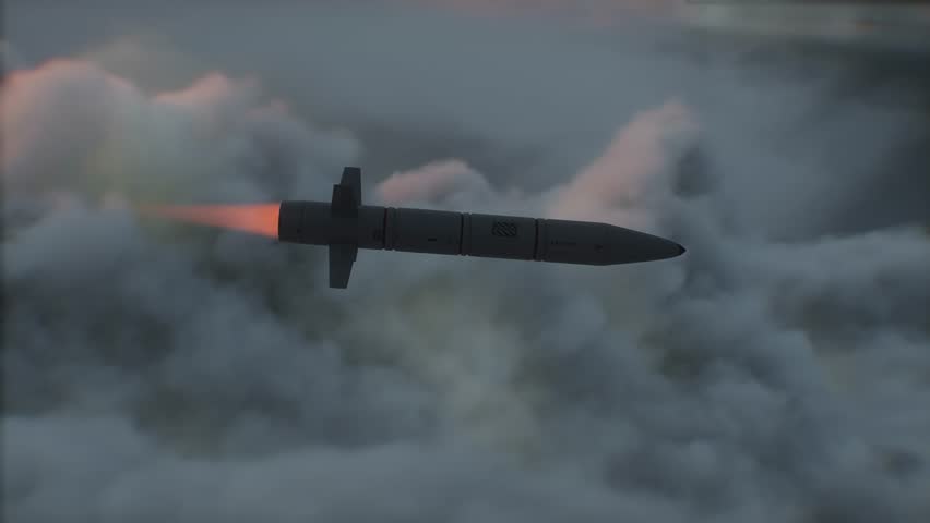 military nuclear missile fly over clouds.
