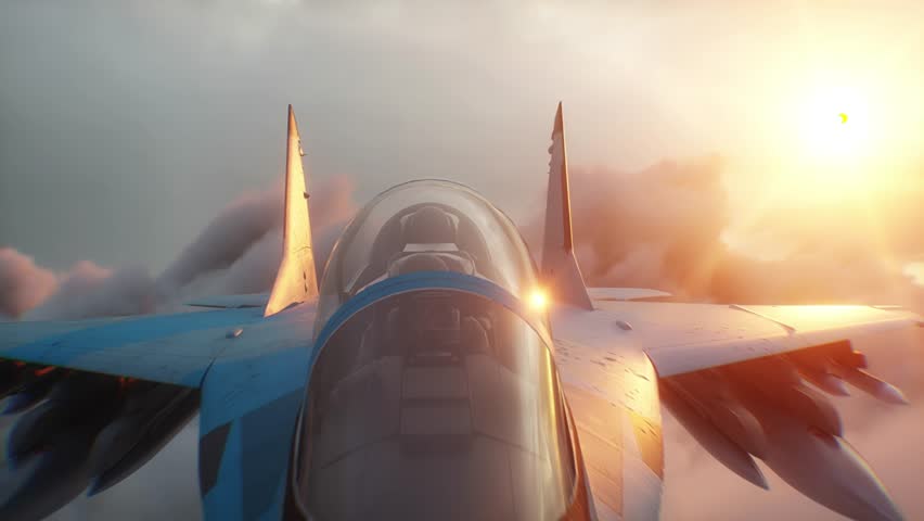Russian military fighter jet flying over clouds. Air force.