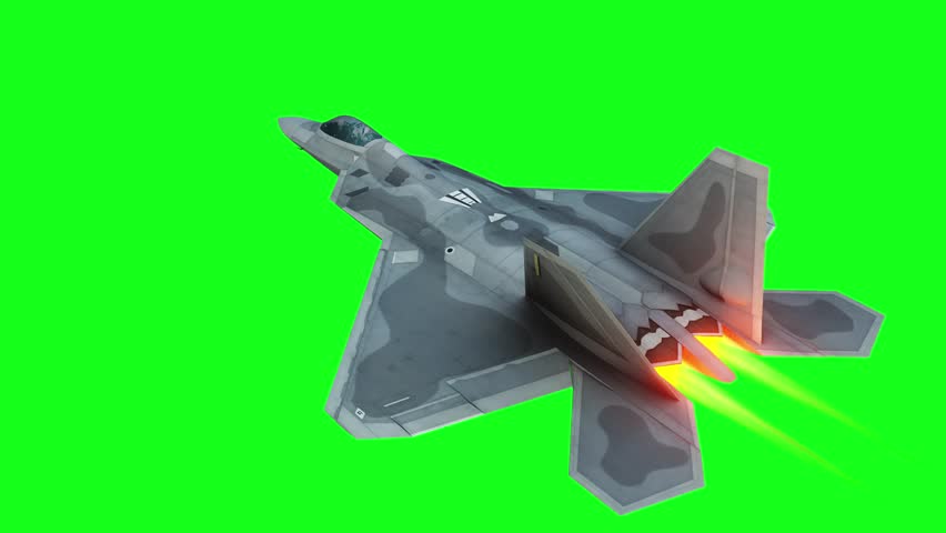 Military fighter jet flying over clouds. Air force. Green screen