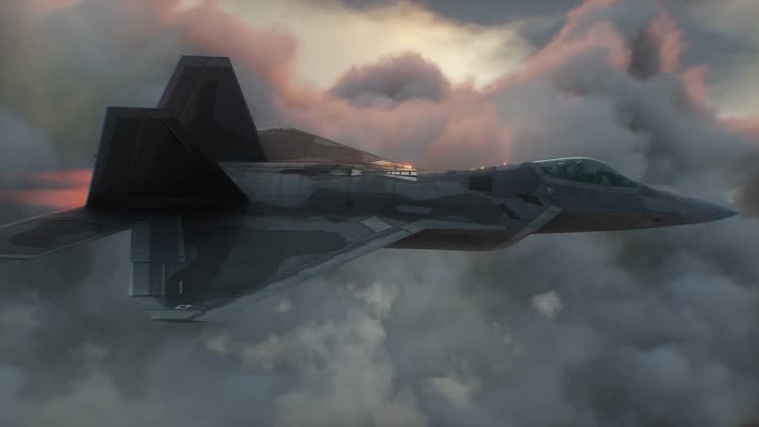 Military fighter jet flying over clouds. Air force.