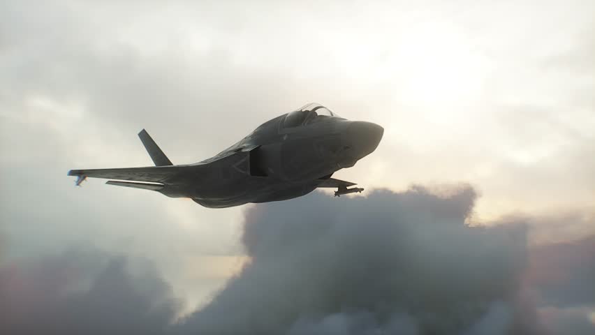 Military fighter jet flying over clouds. Air force.