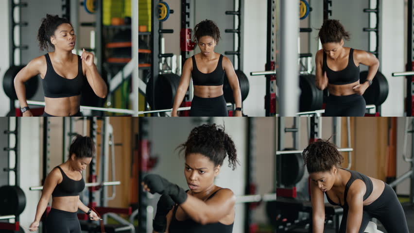A fit woman engages in multiple exercises showcasing her strength and determination in a well-equipped gym. She performs resistance training and boxing drills, highlighting her commitment to fitness.