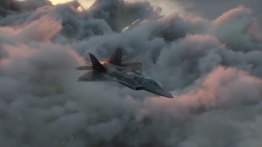 Military fighter jet flying over clouds. Air force.