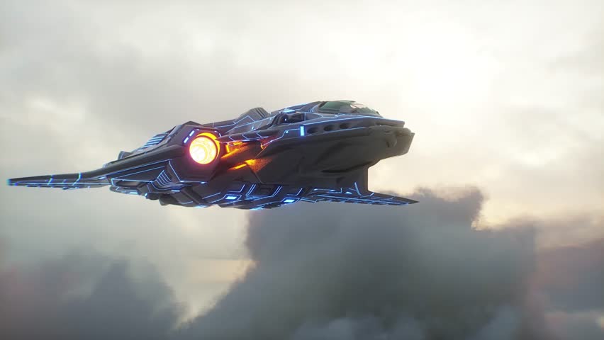 Military alien sci fi ship flying over clouds.