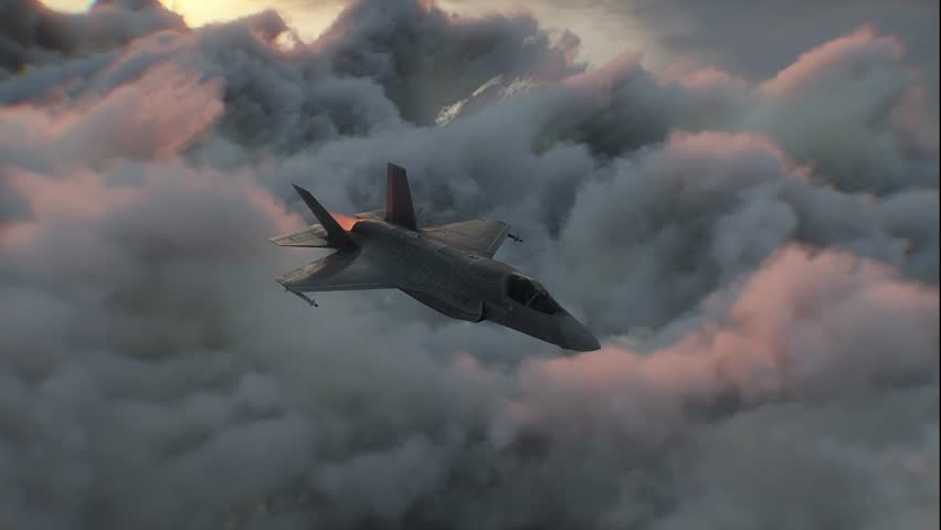 Military fighter jet flying over clouds. Air force.