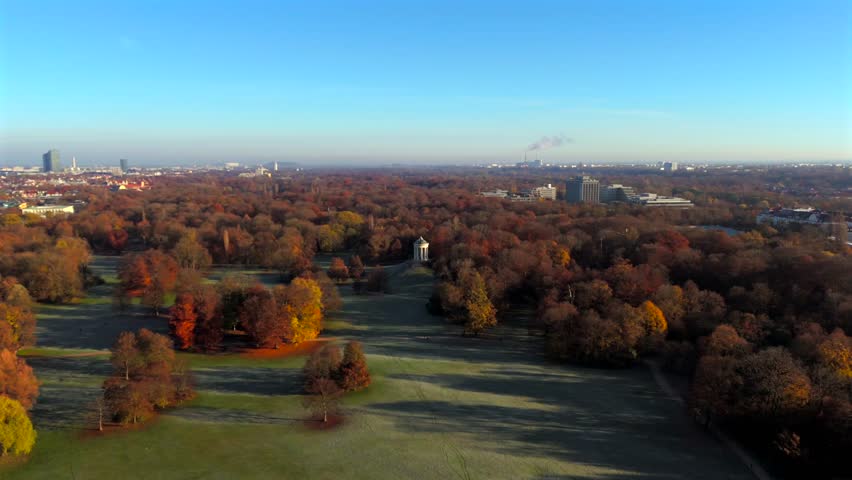 Englischer Garten, English Garden is Munichs largest park, Germany aerial view from golden autumn on sunny day. Autumn foliage in English Garden. Englischer Garten, Muenchen, Deutschland Luftaufnahme