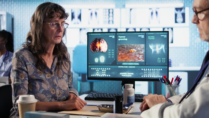 Senior specialist preparing all the pills and supplements for the woman patient, explaining the treatment and dosage for wellness. Medic expert prescribing the medicaments and drugs. Camera A.