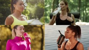 Four individuals participate in diverse physical activities in nature, taking refreshing hydration breaks. They embody a healthy and sporty lifestyle, showcasing fitness and athleticism. - Powered by Shutterstock - Get 15% off with code: PIKWIZARD15